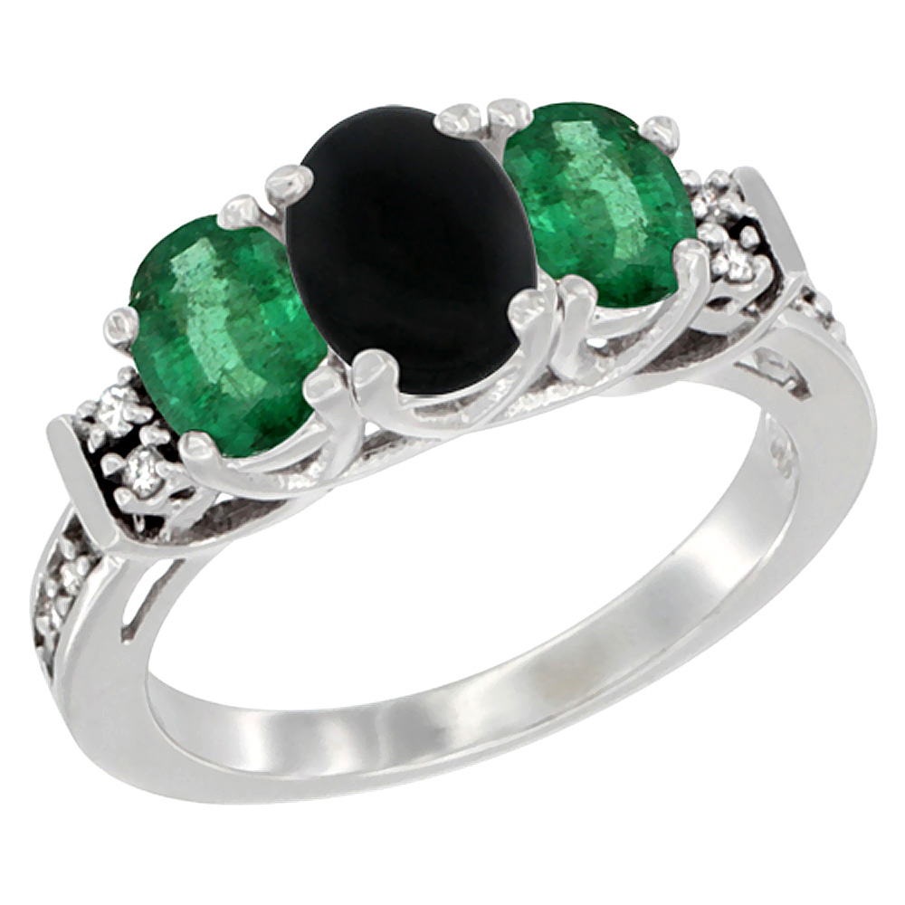 10K White Gold Natural Black Onyx & Emerald Ring 3-Stone Oval Diamond Accent, sizes 5-10