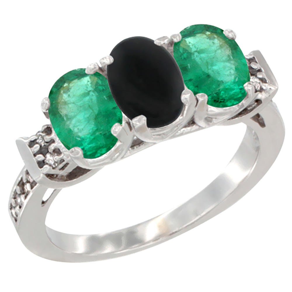 10K White Gold Natural Black Onyx & Emerald Sides Ring 3-Stone Oval 7x5 mm Diamond Accent, sizes 5 - 10