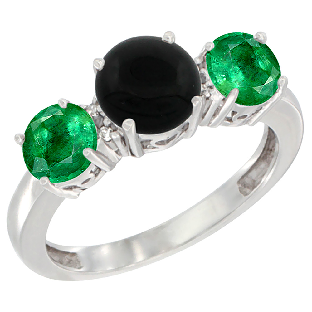 10K White Gold Round 3-Stone Natural Black Onyx Ring & Emerald Sides Diamond Accent, sizes 5 - 10