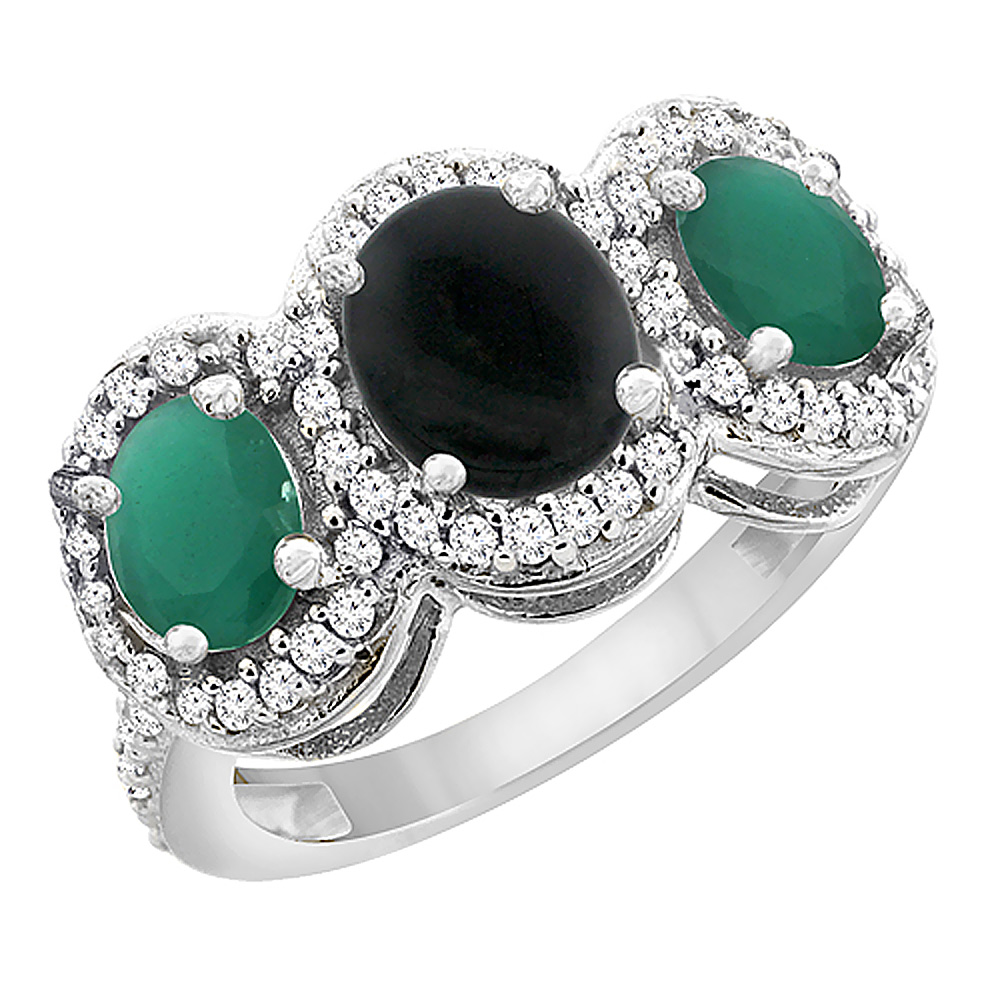 14K White Gold Natural Black Onyx &amp; Emerald 3-Stone Ring Oval Diamond Accent, sizes 5 - 10