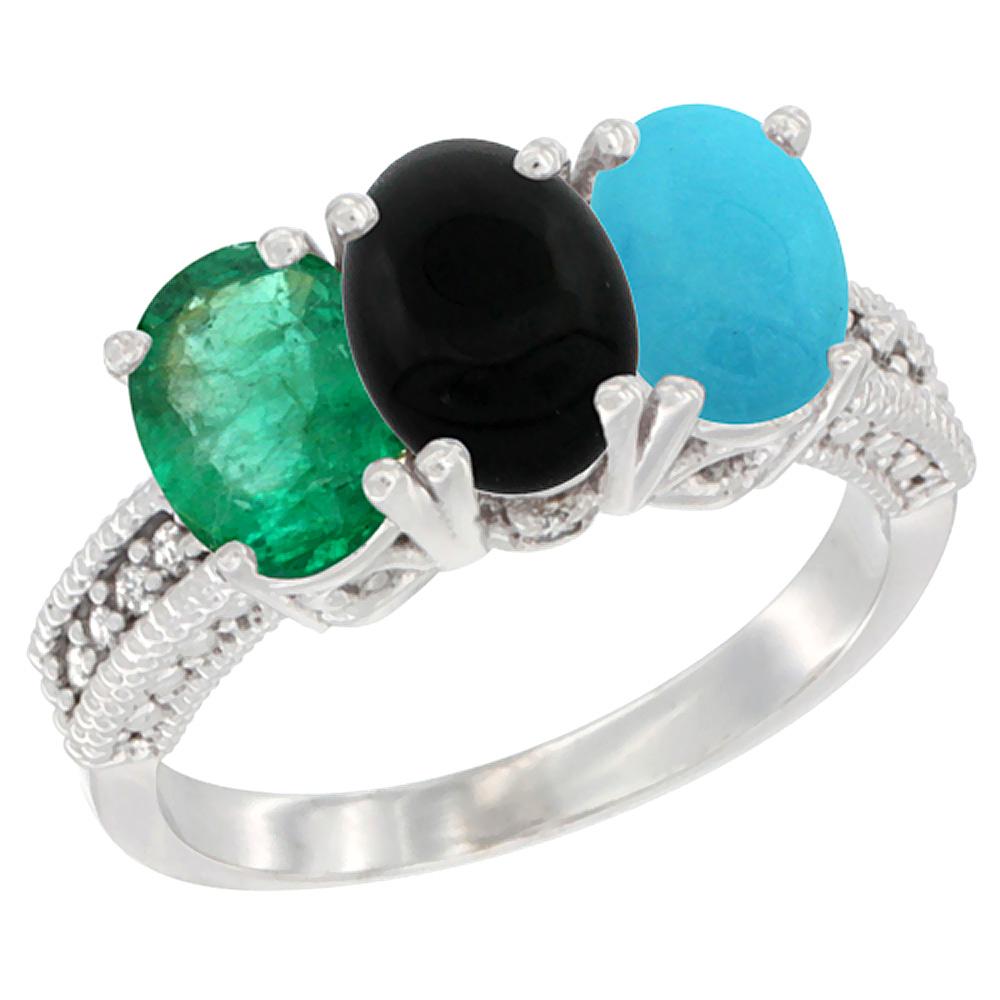 14K White Gold Natural Emerald, Black Onyx & Turquoise Ring 3-Stone 7x5 mm Oval Diamond Accent, sizes 5 - 10