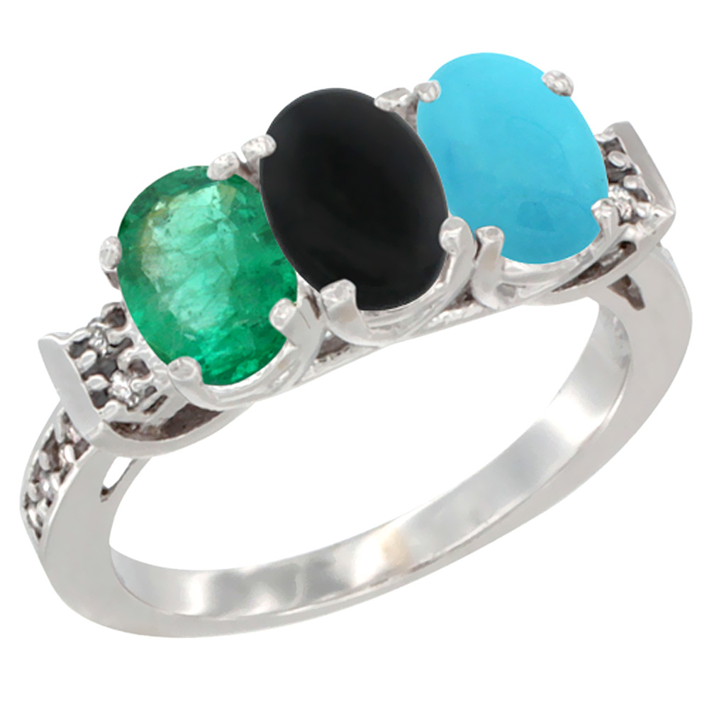 14K White Gold Natural Emerald, Black Onyx & Turquoise Ring 3-Stone Oval 7x5 mm Diamond Accent, sizes 5 - 10