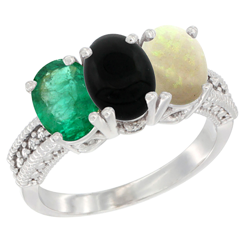 14K White Gold Natural Emerald, Black Onyx & Opal Ring 3-Stone 7x5 mm Oval Diamond Accent, sizes 5 - 10