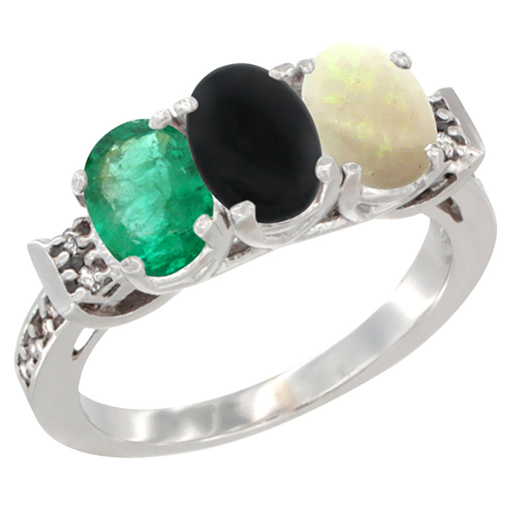 10K White Gold Natural Emerald, Black Onyx &amp; Opal Ring 3-Stone Oval 7x5 mm Diamond Accent, sizes 5 - 10