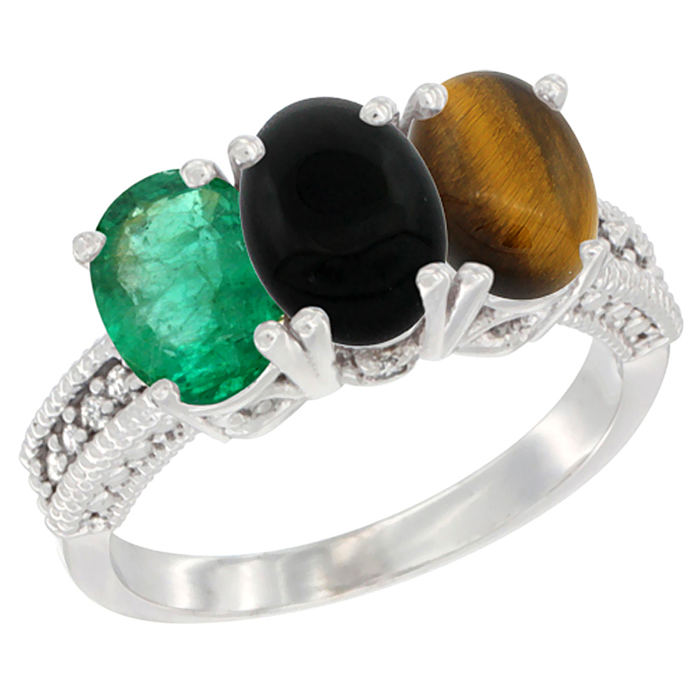 10K White Gold Diamond Natural Emerald, Black Onyx &amp; Tiger Eye Ring 3-Stone 7x5 mm Oval, sizes 5 - 10