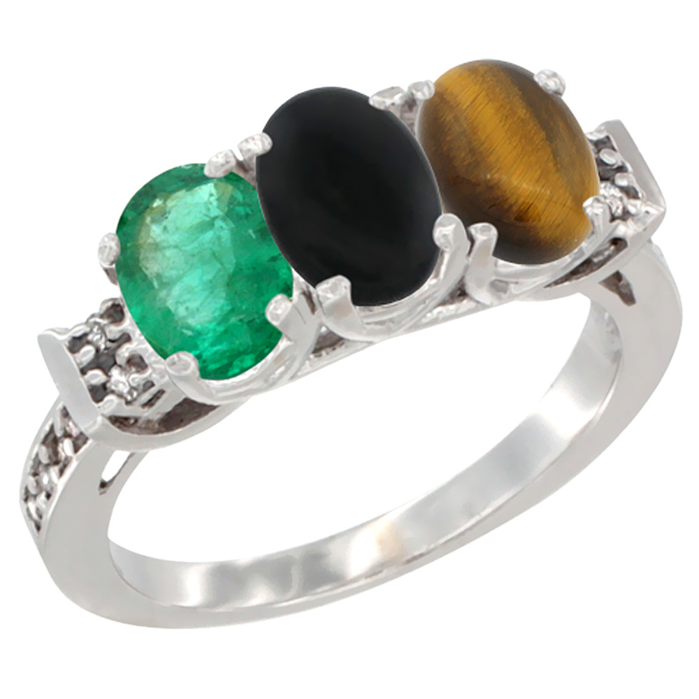 10K White Gold Natural Emerald, Black Onyx & Tiger Eye Ring 3-Stone Oval 7x5 mm Diamond Accent, sizes 5 - 10