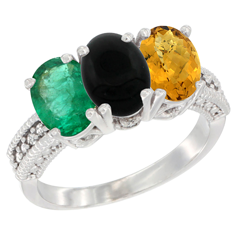 10K White Gold Diamond Natural Emerald, Black Onyx & Whisky Quartz Ring 3-Stone 7x5 mm Oval, sizes 5 - 10