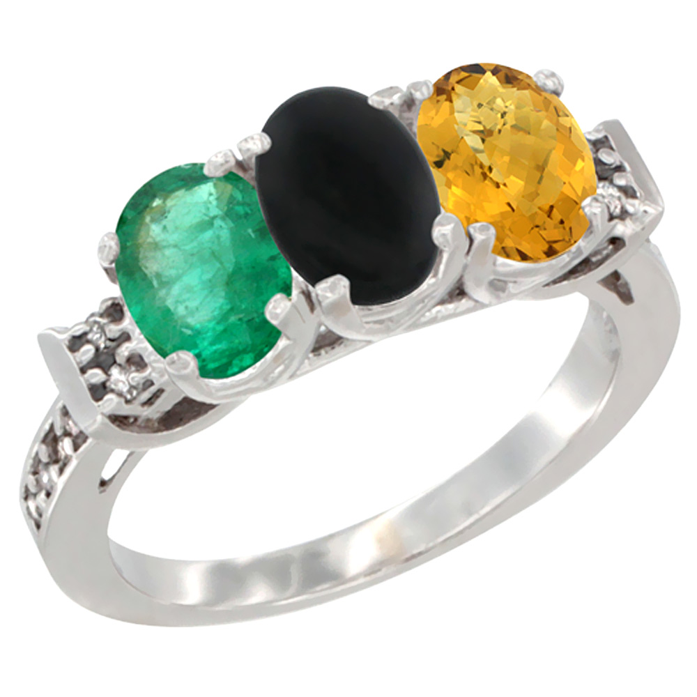 10K White Gold Natural Emerald, Black Onyx & Whisky Quartz Ring 3-Stone Oval 7x5 mm Diamond Accent, sizes 5 - 10