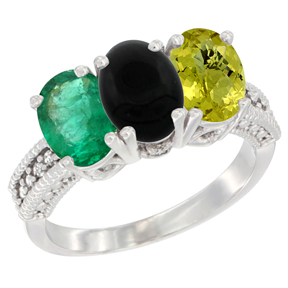 10K White Gold Diamond Natural Emerald, Black Onyx &amp; Lemon Quartz Ring 3-Stone 7x5 mm Oval, sizes 5 - 10