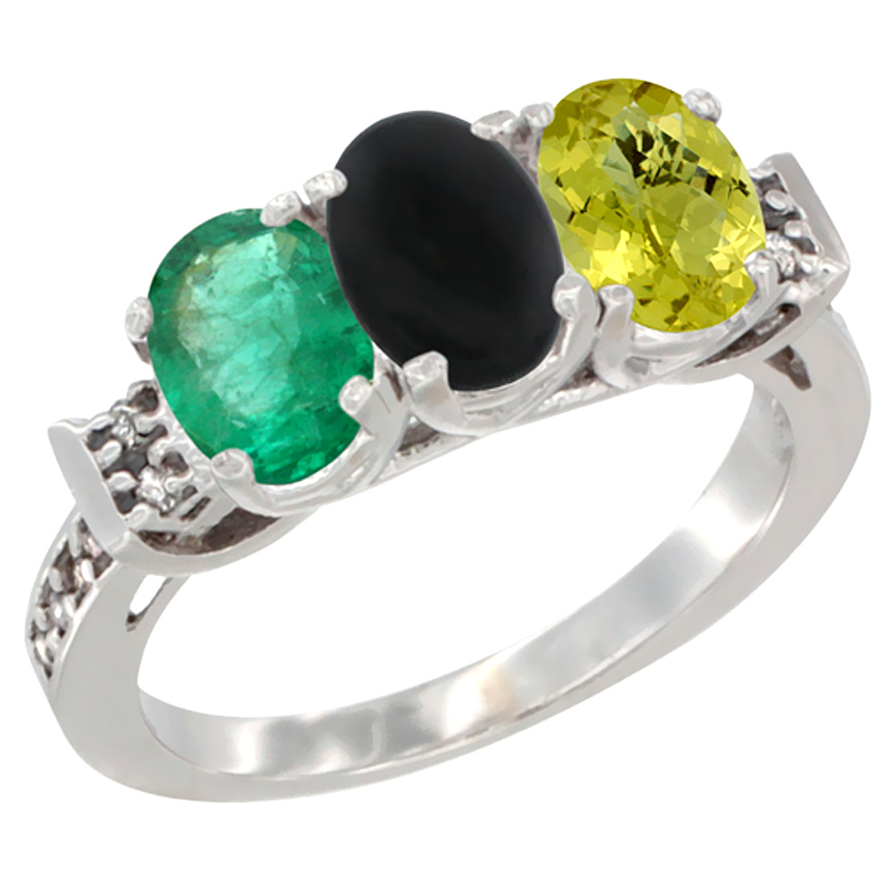 10K White Gold Natural Emerald, Black Onyx &amp; Lemon Quartz Ring 3-Stone Oval 7x5 mm Diamond Accent, sizes 5 - 10