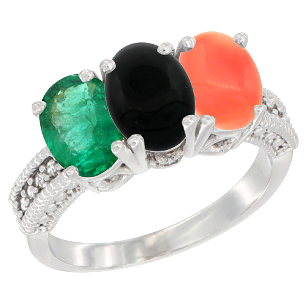 10K White Gold Diamond Natural Emerald, Black Onyx &amp; Coral Ring 3-Stone 7x5 mm Oval, sizes 5 - 10