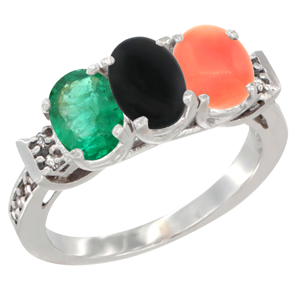 14K White Gold Natural Emerald, Black Onyx &amp; Coral Ring 3-Stone Oval 7x5 mm Diamond Accent, sizes 5 - 10