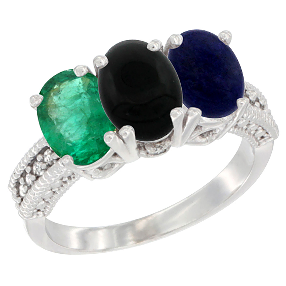 14K White Gold Natural Emerald, Black Onyx &amp; Lapis Ring 3-Stone 7x5 mm Oval Diamond Accent, sizes 5 - 10