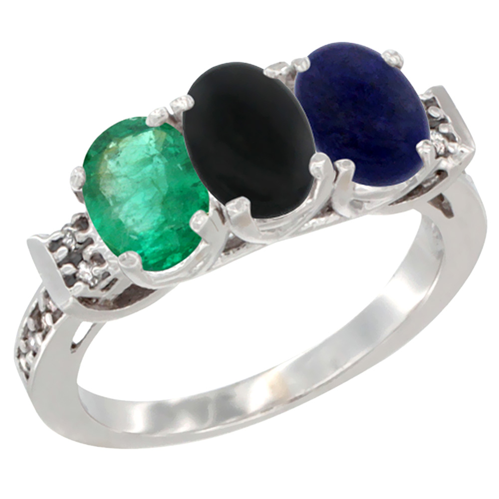 14K White Gold Natural Emerald, Black Onyx & Lapis Ring 3-Stone Oval 7x5 mm Diamond Accent, sizes 5 - 10