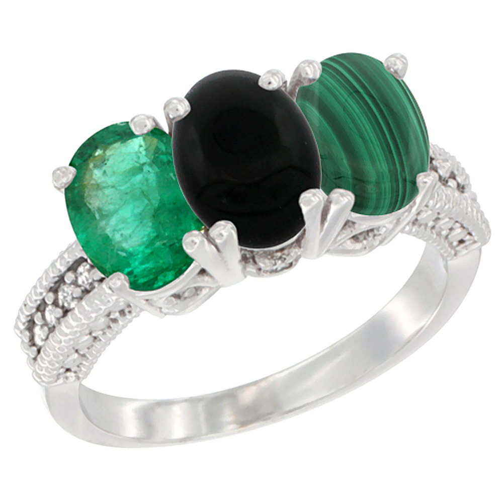 14K White Gold Natural Emerald, Black Onyx & Malachite Ring 3-Stone 7x5 mm Oval Diamond Accent, sizes 5 - 10