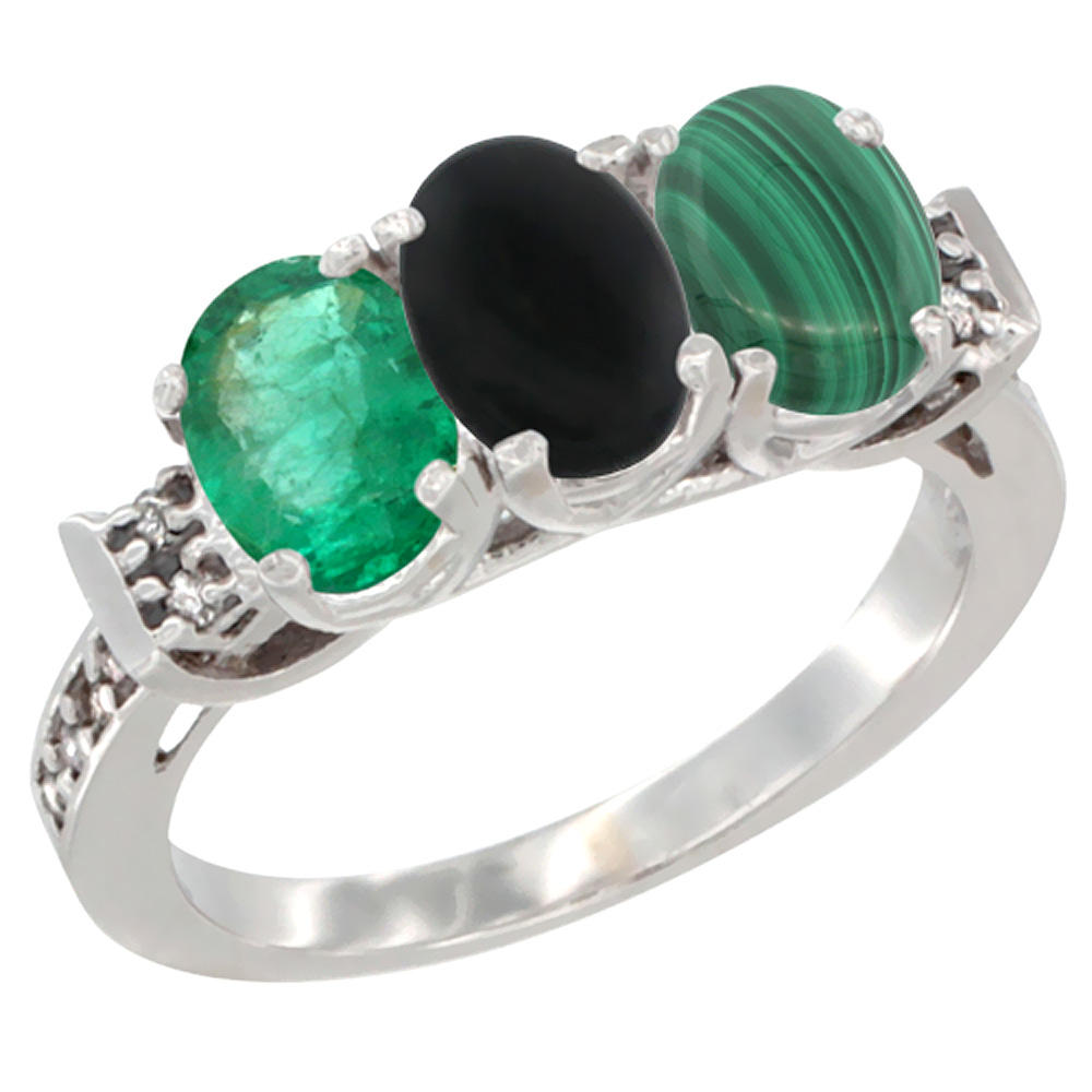 14K White Gold Natural Emerald, Black Onyx &amp; Malachite Ring 3-Stone Oval 7x5 mm Diamond Accent, sizes 5 - 10