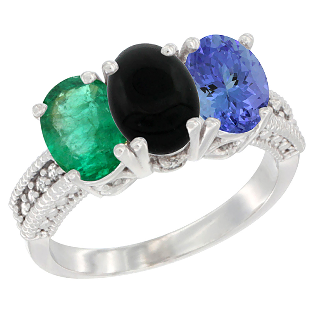 14K White Gold Natural Emerald, Black Onyx &amp; Tanzanite Ring 3-Stone 7x5 mm Oval Diamond Accent, sizes 5 - 10