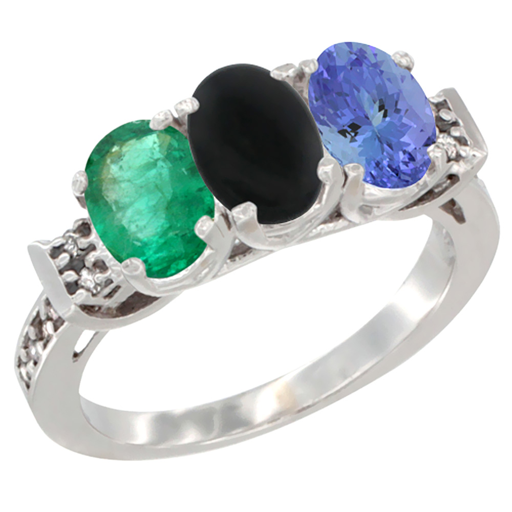 14K White Gold Natural Emerald, Black Onyx &amp; Tanzanite Ring 3-Stone Oval 7x5 mm Diamond Accent, sizes 5 - 10