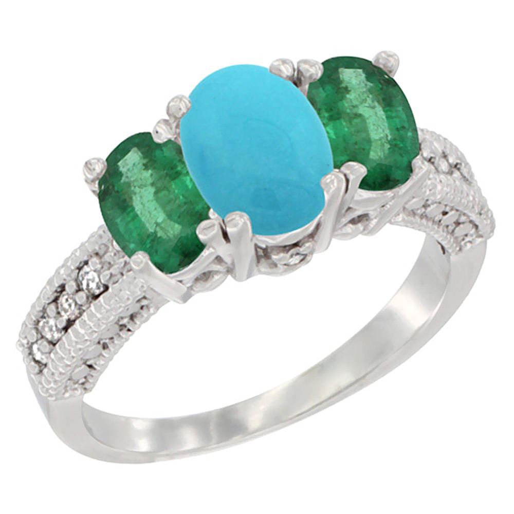 14K White Gold Diamond Natural Turquoise Ring Oval 3-stone with Emerald, sizes 5 - 10