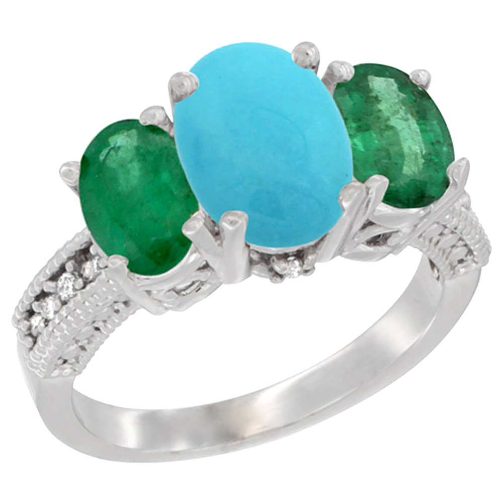 14K White Gold Diamond Natural Turquoise Ring 3-Stone Oval 8x6mm with Emerald, sizes5-10