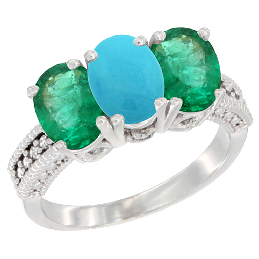 10K White Gold Diamond Natural Turquoise &amp; Emerald Ring 3-Stone 7x5 mm Oval, sizes 5 - 10
