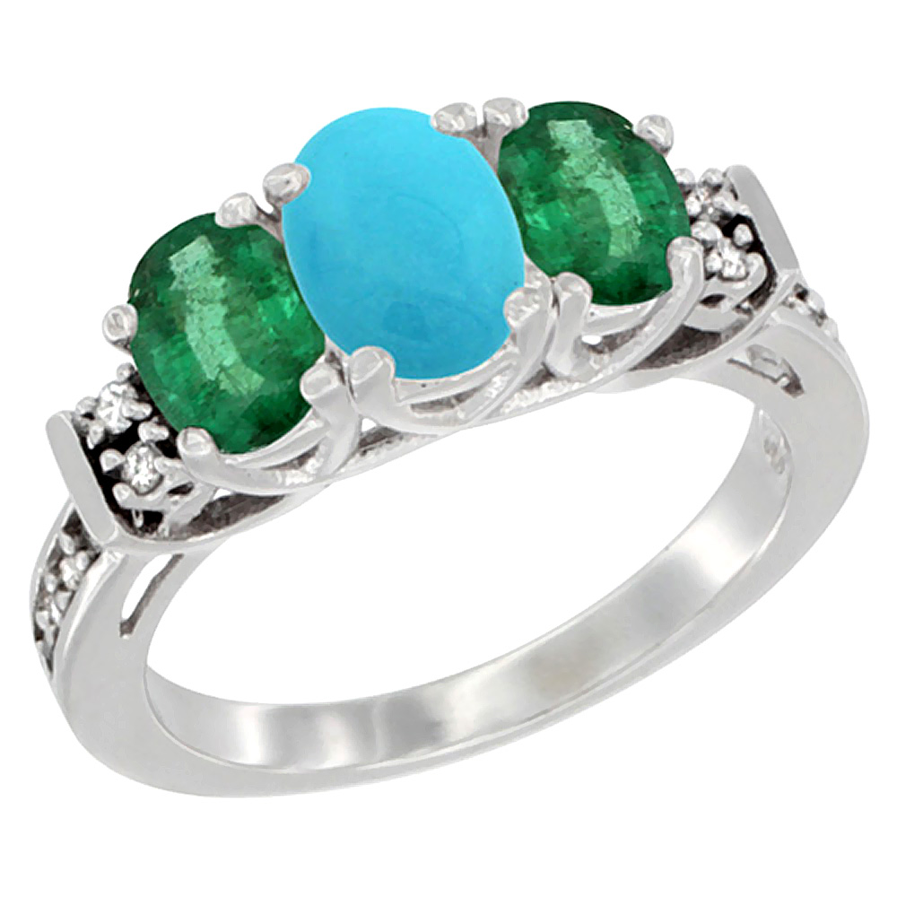 10K White Gold Natural Turquoise &amp; Emerald Ring 3-Stone Oval Diamond Accent, sizes 5-10