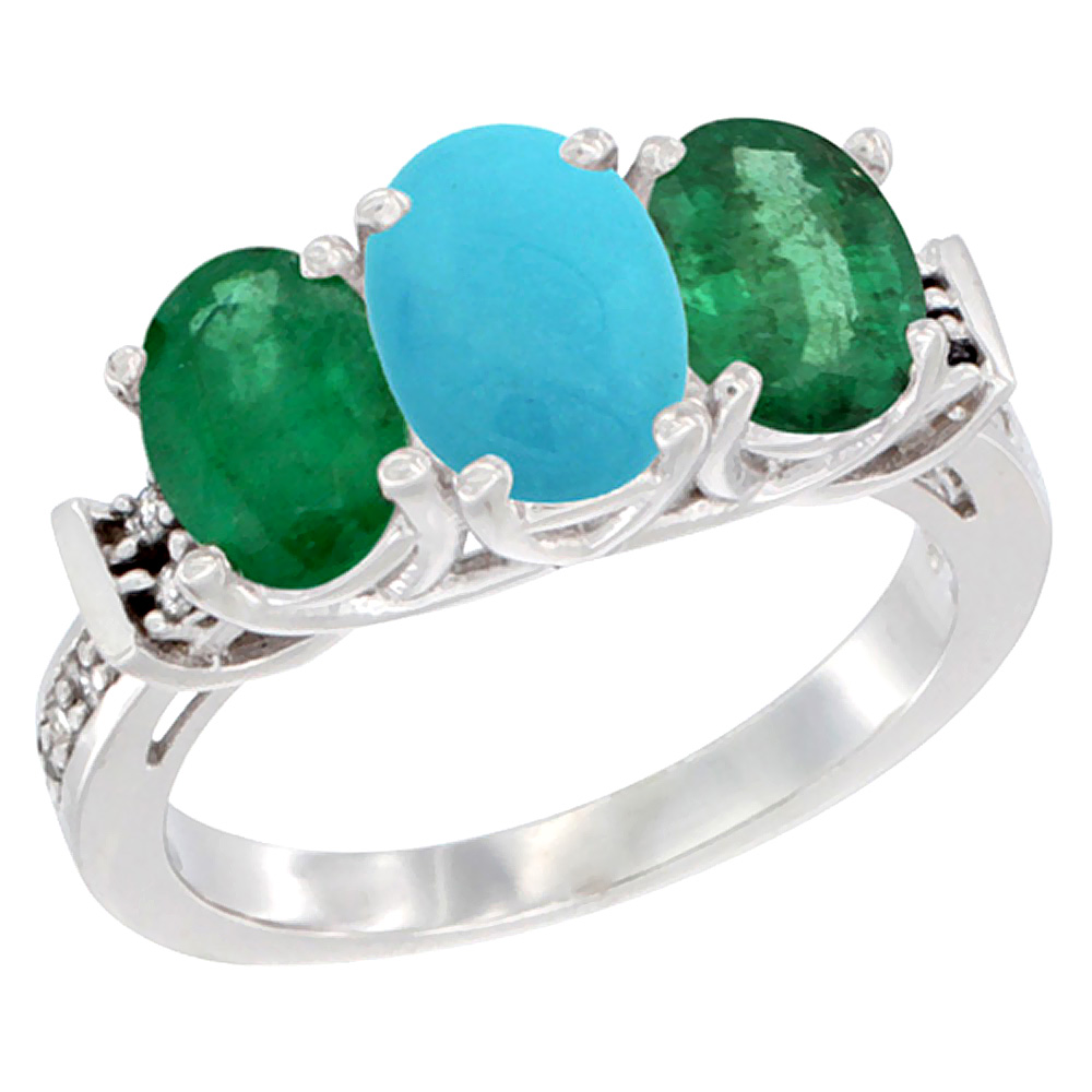 14K White Gold Natural Turquoise & Emerald Sides Ring 3-Stone Oval Diamond Accent, sizes 5 - 10