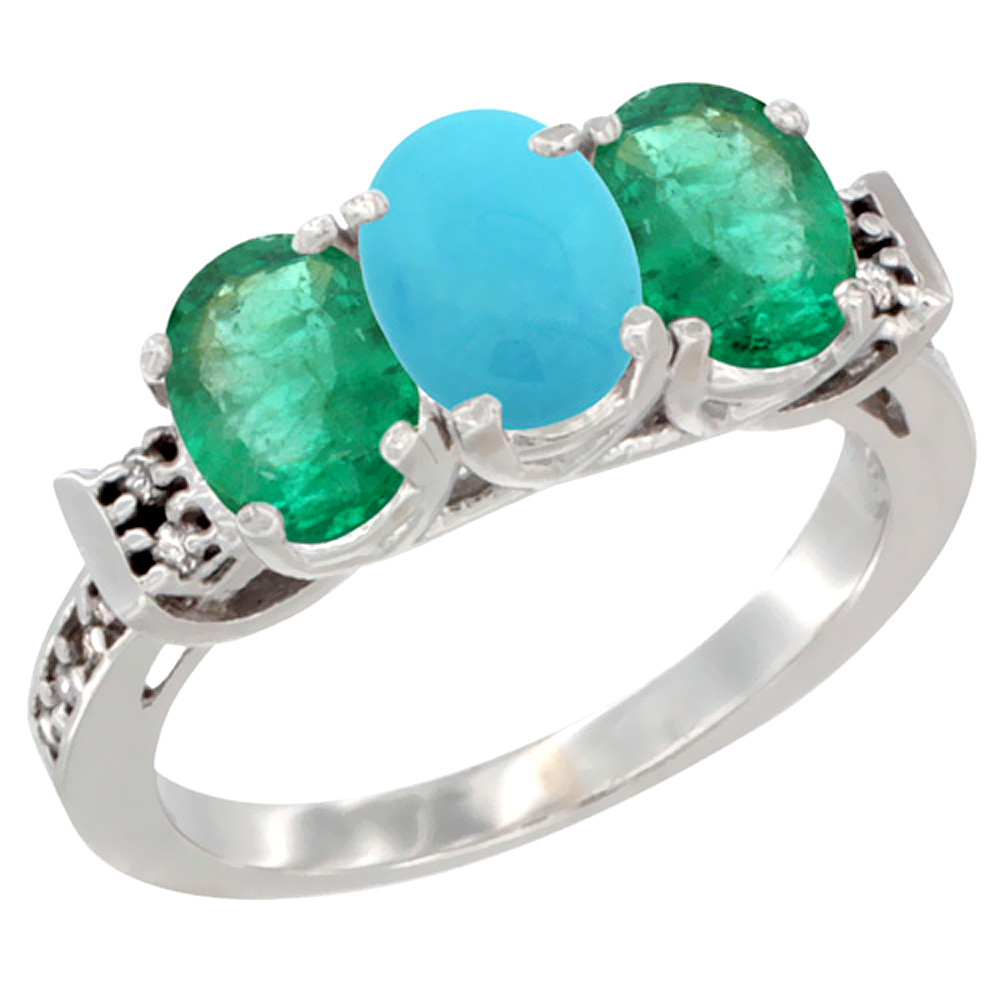10K White Gold Natural Turquoise & Emerald Sides Ring 3-Stone Oval 7x5 mm Diamond Accent, sizes 5 - 10