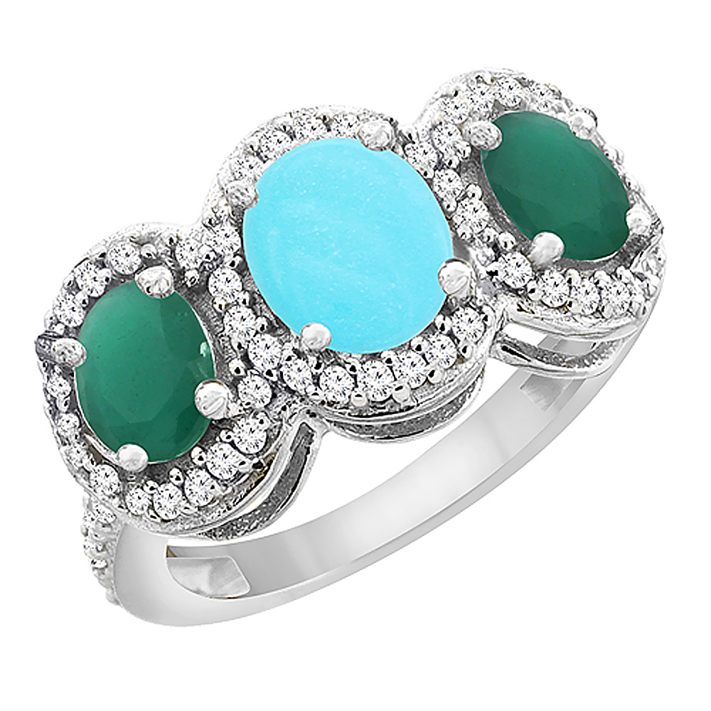 14K White Gold Natural Turquoise &amp; Cabochon Emerald 3-Stone Ring Oval Diamond Accent, sizes 5 - 10