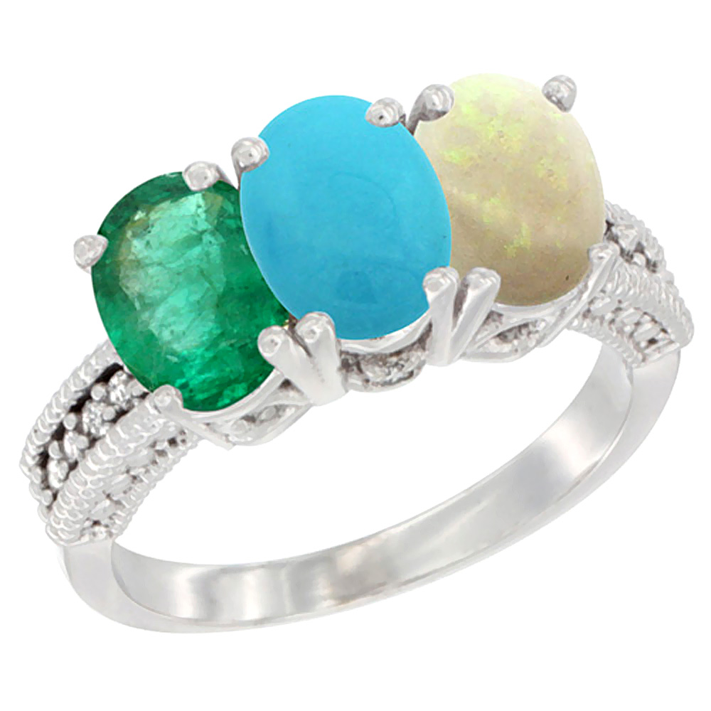 14K White Gold Natural Emerald, Turquoise &amp; Opal Ring 3-Stone 7x5 mm Oval Diamond Accent, sizes 5 - 10