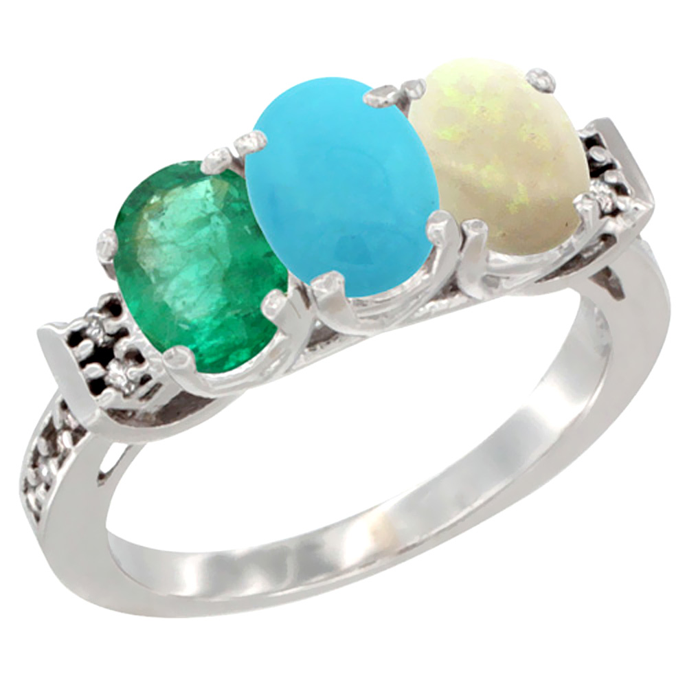 14K White Gold Natural Emerald, Turquoise & Opal Ring 3-Stone Oval 7x5 mm Diamond Accent, sizes 5 - 10