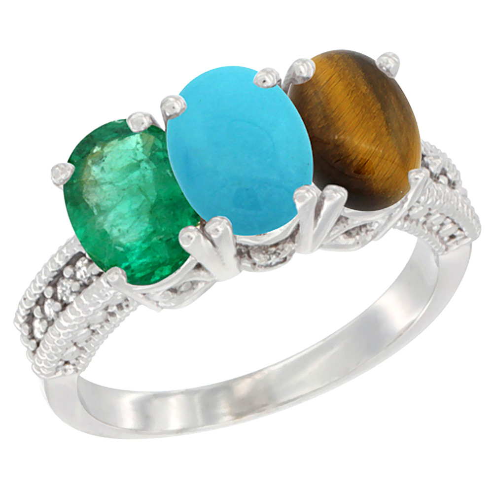 14K White Gold Natural Emerald, Turquoise &amp; Tiger Eye Ring 3-Stone 7x5 mm Oval Diamond Accent, sizes 5 - 10
