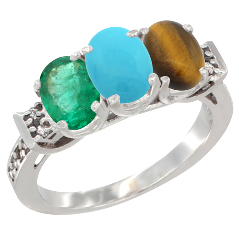 10K White Gold Natural Emerald, Turquoise & Tiger Eye Ring 3-Stone Oval 7x5 mm Diamond Accent, sizes 5 - 10