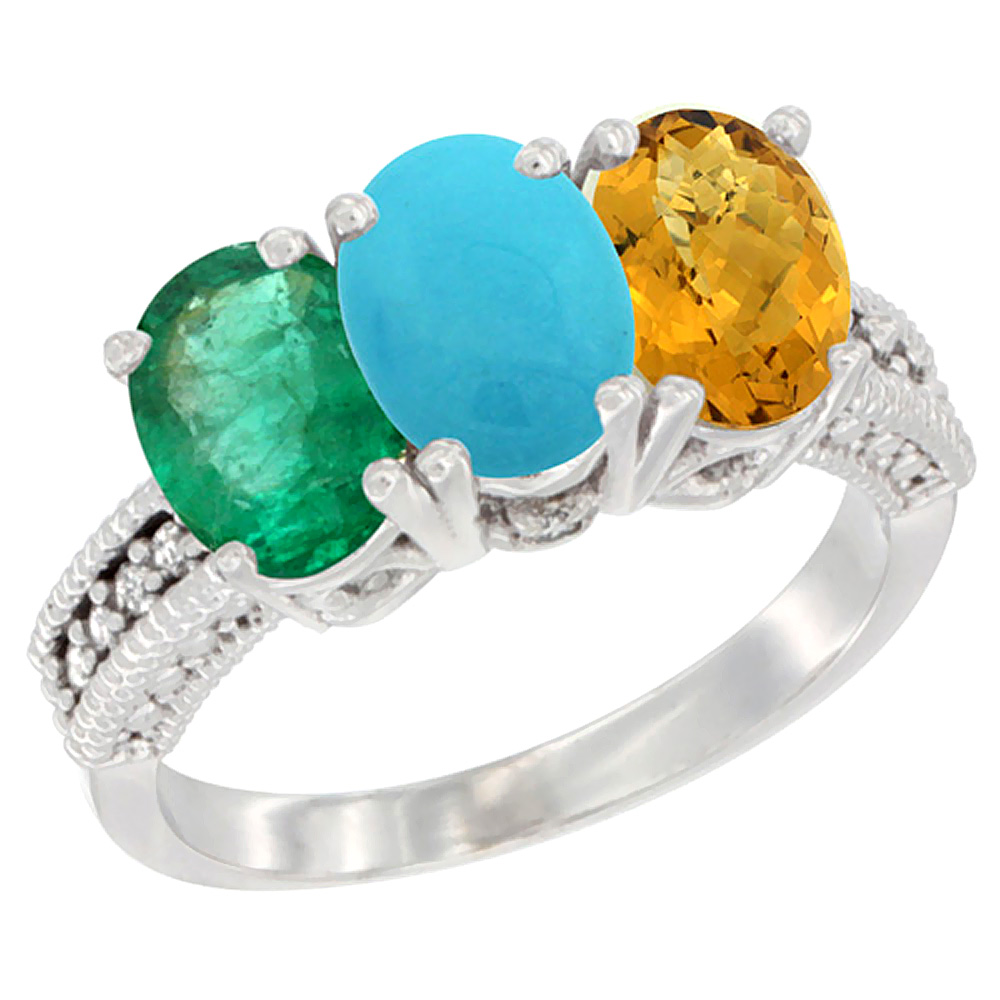10K White Gold Diamond Natural Emerald, Turquoise &amp; Whisky Quartz Ring 3-Stone 7x5 mm Oval, sizes 5 - 10