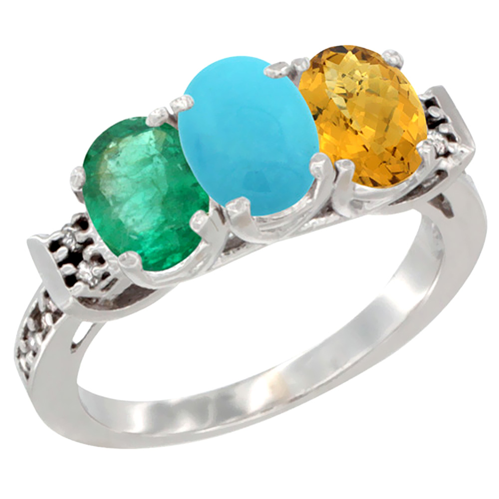 14K White Gold Natural Emerald, Turquoise & Whisky Quartz Ring 3-Stone Oval 7x5 mm Diamond Accent, sizes 5 - 10