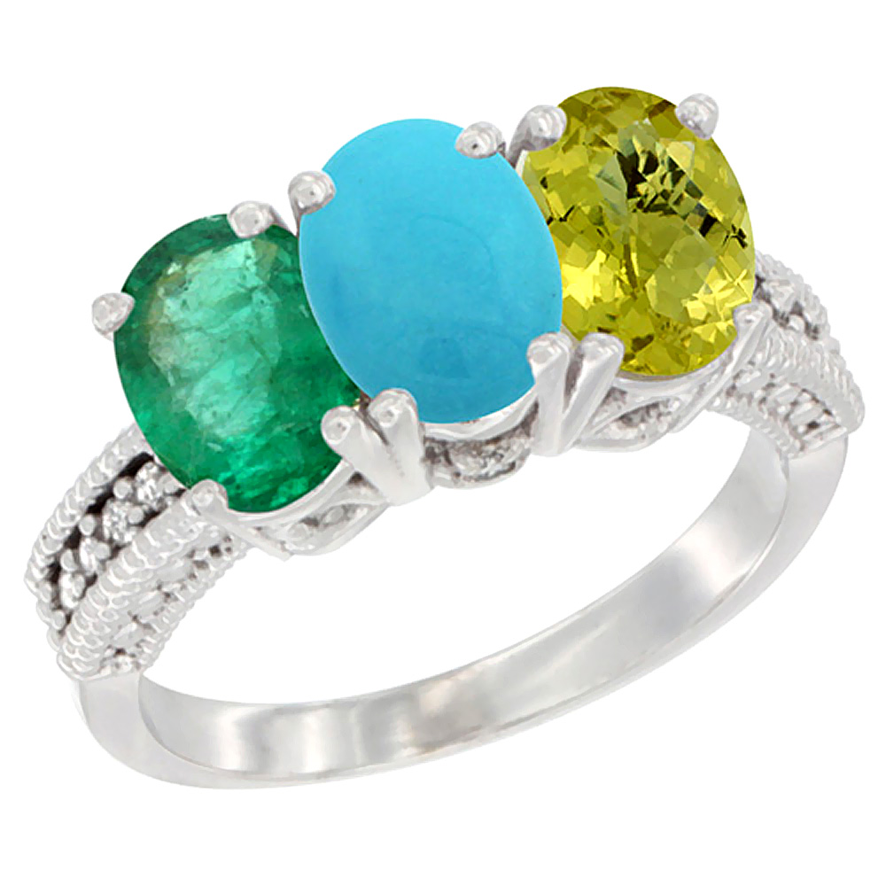 14K White Gold Natural Emerald, Turquoise & Lemon Quartz Ring 3-Stone 7x5 mm Oval Diamond Accent, sizes 5 - 10