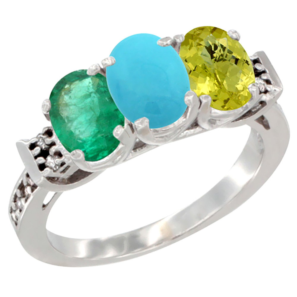 14K White Gold Natural Emerald, Turquoise & Lemon Quartz Ring 3-Stone Oval 7x5 mm Diamond Accent, sizes 5 - 10
