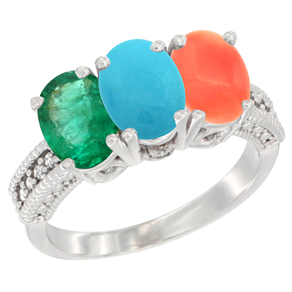 14K White Gold Natural Emerald, Turquoise &amp; Coral Ring 3-Stone 7x5 mm Oval Diamond Accent, sizes 5 - 10