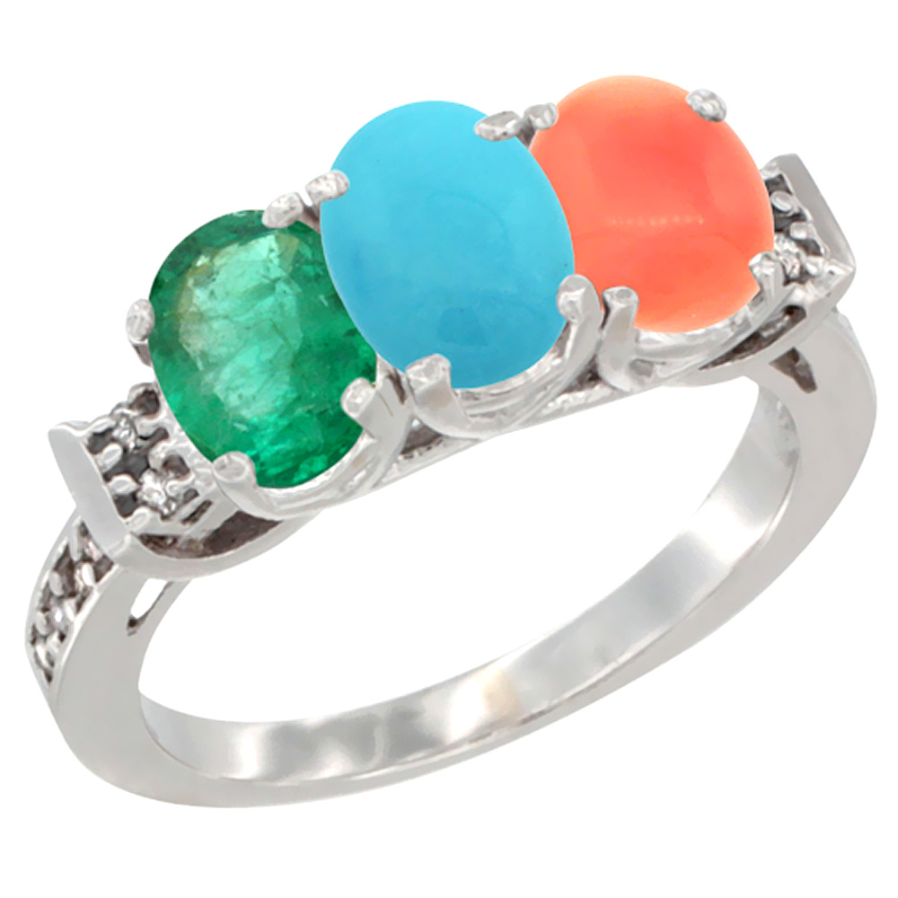 14K White Gold Natural Emerald, Turquoise & Coral Ring 3-Stone Oval 7x5 mm Diamond Accent, sizes 5 - 10