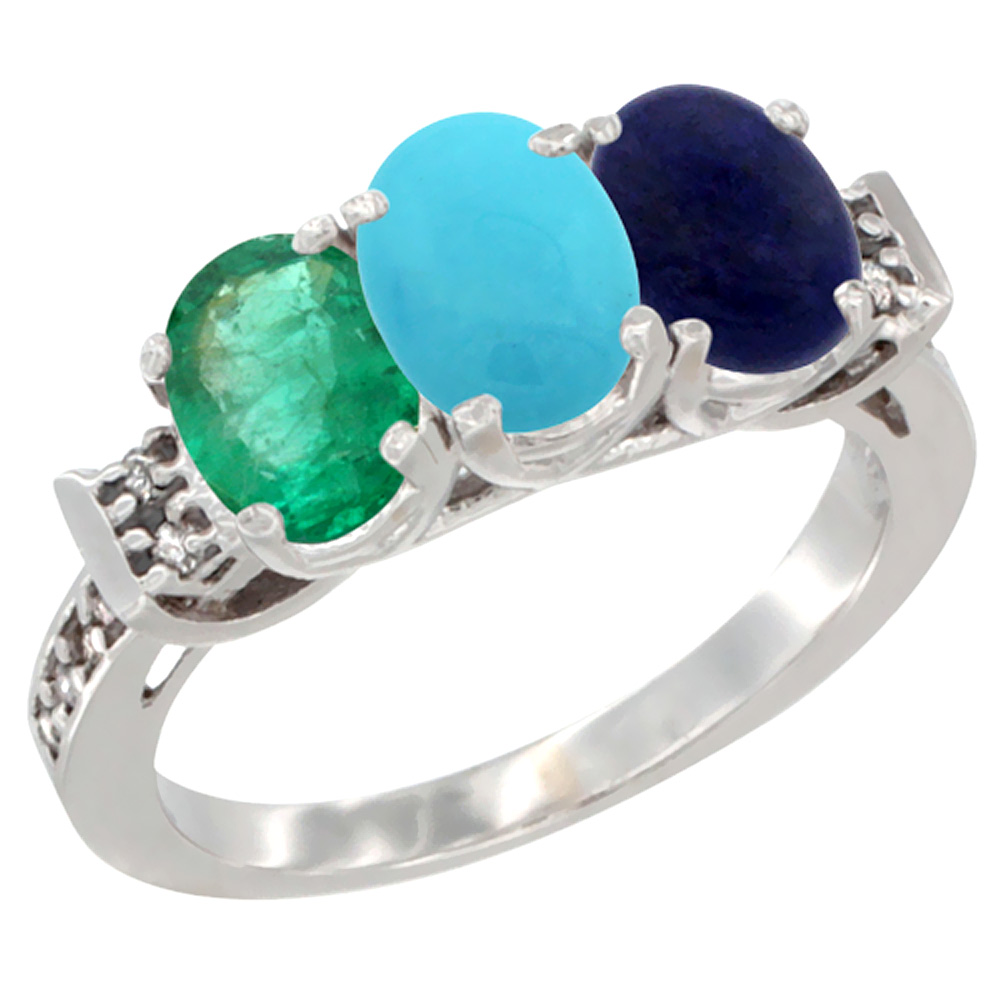 14K White Gold Natural Emerald, Turquoise &amp; Lapis Ring 3-Stone Oval 7x5 mm Diamond Accent, sizes 5 - 10