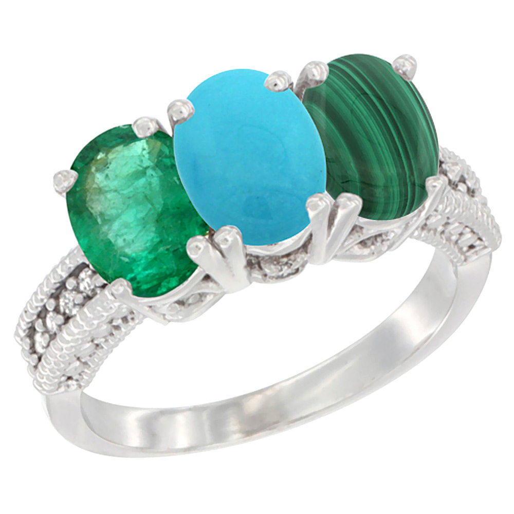 14K White Gold Natural Emerald, Turquoise &amp; Malachite Ring 3-Stone 7x5 mm Oval Diamond Accent, sizes 5 - 10