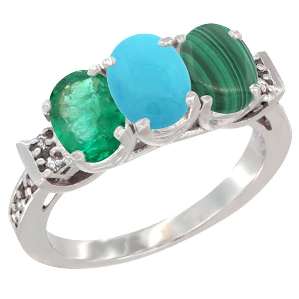 14K White Gold Natural Emerald, Turquoise &amp; Malachite Ring 3-Stone Oval 7x5 mm Diamond Accent, sizes 5 - 10