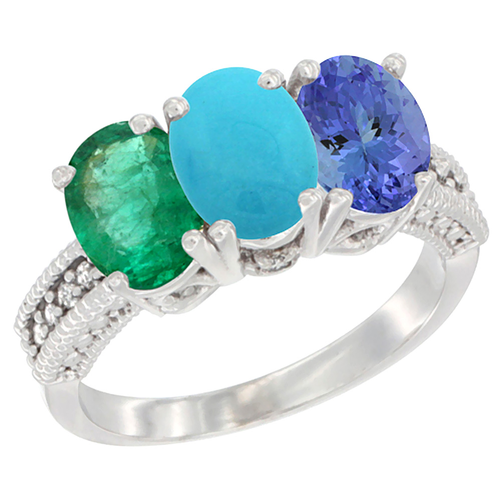 14K White Gold Natural Emerald, Turquoise &amp; Tanzanite Ring 3-Stone 7x5 mm Oval Diamond Accent, sizes 5 - 10
