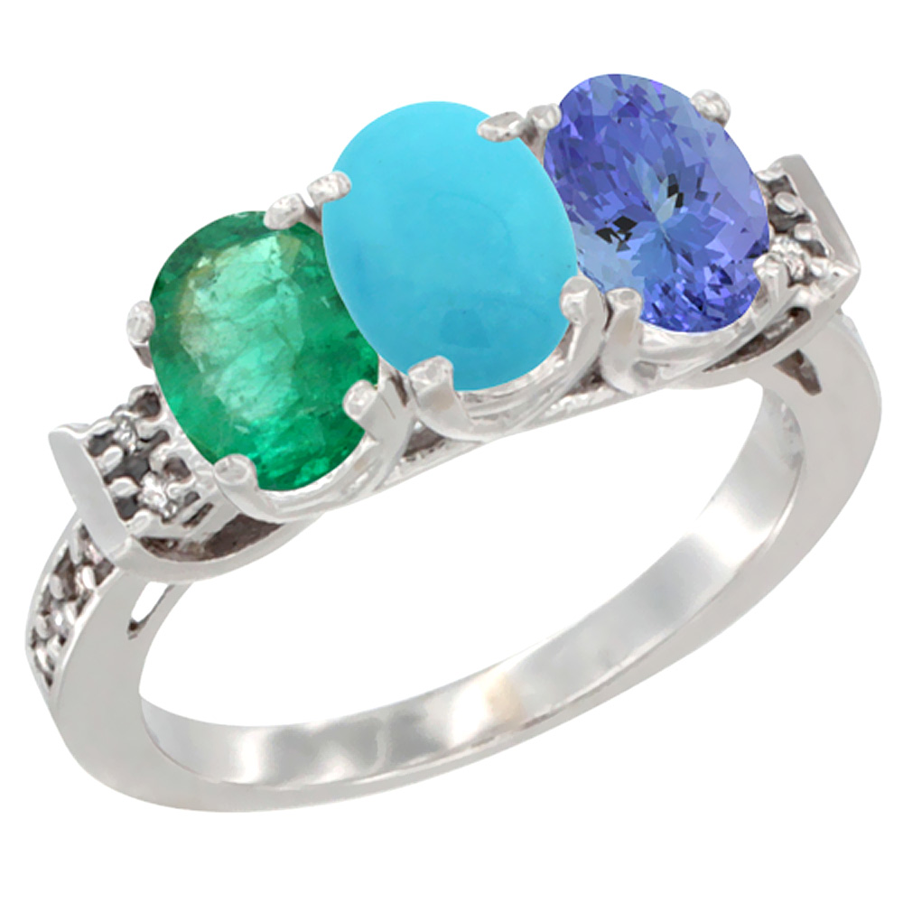 10K White Gold Natural Emerald, Turquoise &amp; Tanzanite Ring 3-Stone Oval 7x5 mm Diamond Accent, sizes 5 - 10