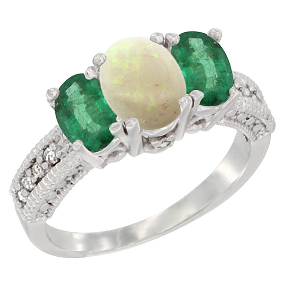 14K White Gold Diamond Natural Opal 7x5mm &amp; 6x4mm Quality Emerald Oval 3-stone Mothers Ring,size 5 - 10