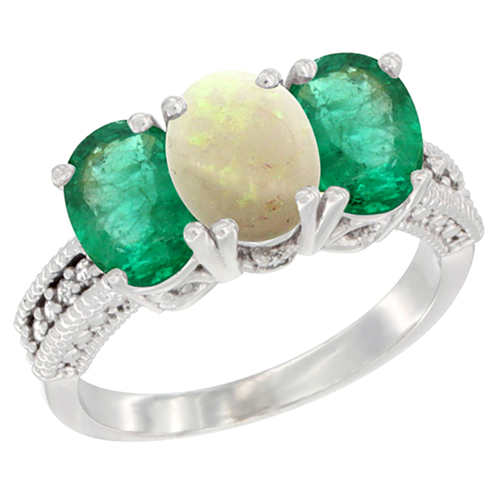 14K White Gold Natural Opal & Emerald Sides Ring 3-Stone 7x5 mm Oval Diamond Accent, sizes 5 - 10