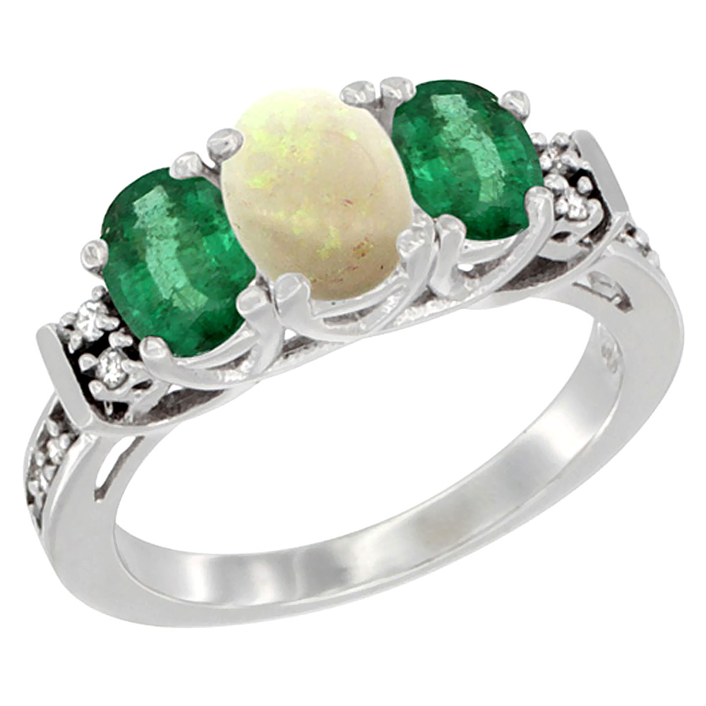 14K White Gold Natural Opal &amp; Emerald Ring 3-Stone Oval Diamond Accent, sizes 5-10