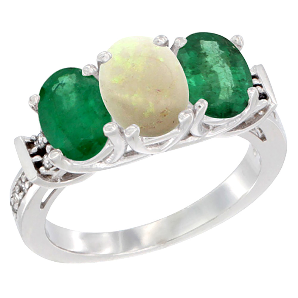 10K White Gold Natural Opal & Emerald Sides Ring 3-Stone Oval Diamond Accent, sizes 5 - 10