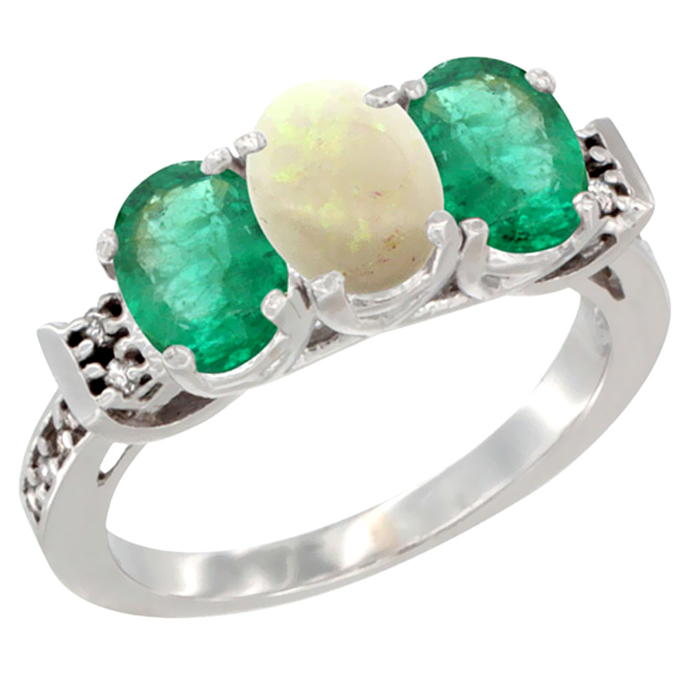 10K White Gold Natural Opal &amp; Emerald Sides Ring 3-Stone Oval 7x5 mm Diamond Accent, sizes 5 - 10