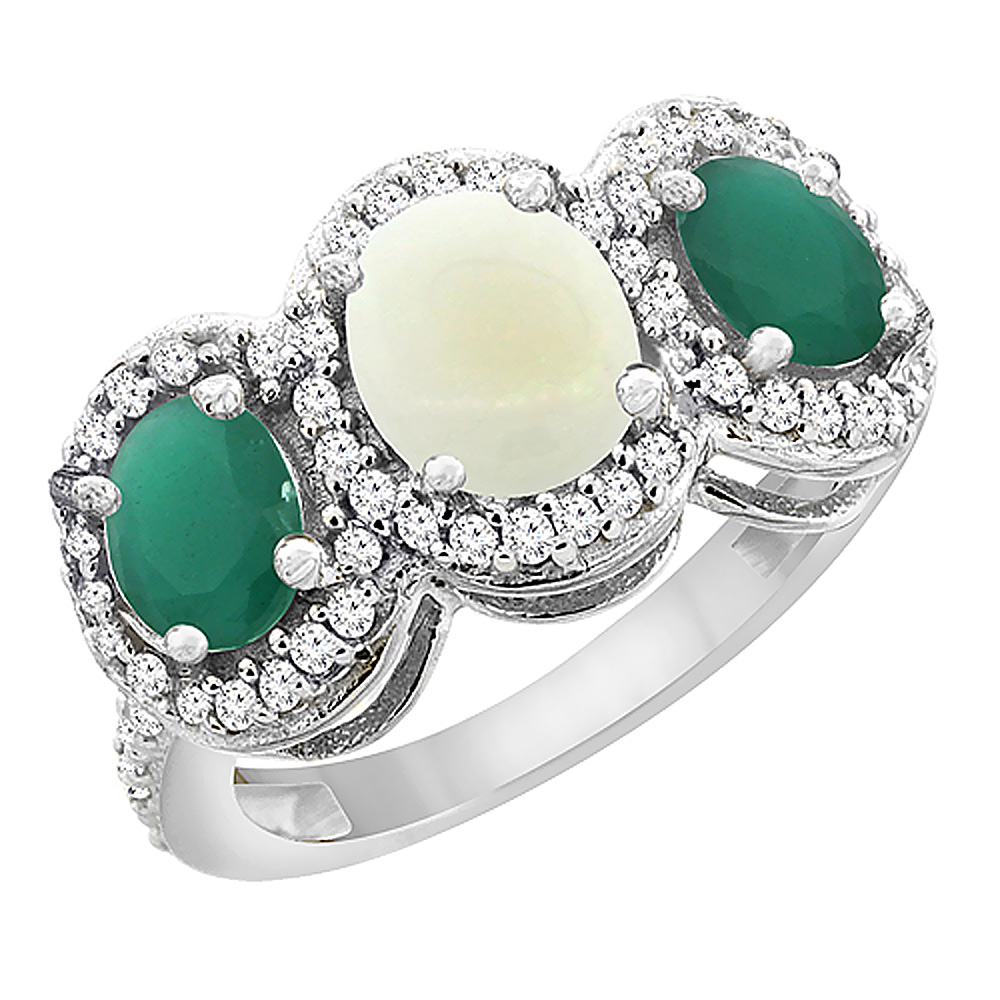 14K White Gold Natural Opal &amp; Cabochon Emerald 3-Stone Ring Oval Diamond Accent, sizes 5 - 10